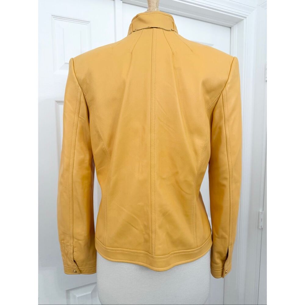 St. John Sport Marie Yellow Gold Mock Neck Full Zip Leather Jacket Size Medium - Picture 5 of 13